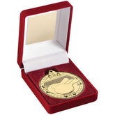 RED VELVET BOX AND 50mm MEDAL TABLE TENNIS TROPHY GOLD - 3.5in
